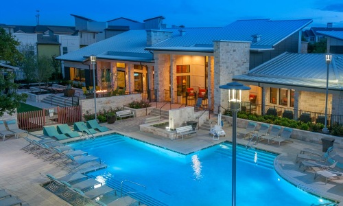 an evening shot of a swimming pool